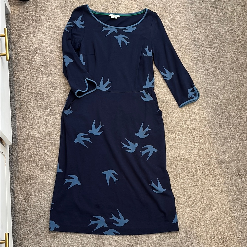Navy Blue Bird Print Dress